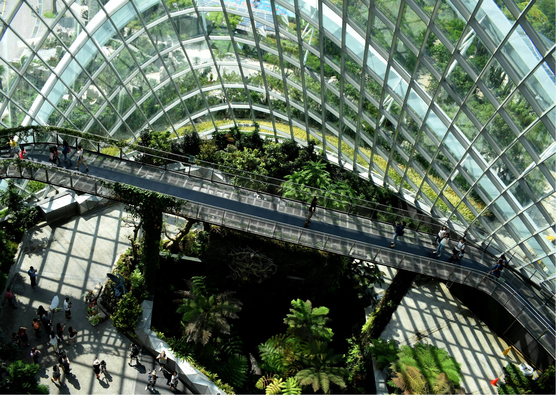 Großes Glasgebäude mit Stahlkonstruktion und Pflanzen